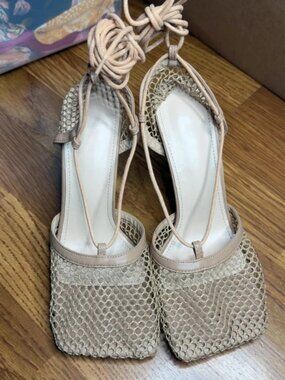 Tan fishnet heels ankle strap up Size 8 Brand new no box